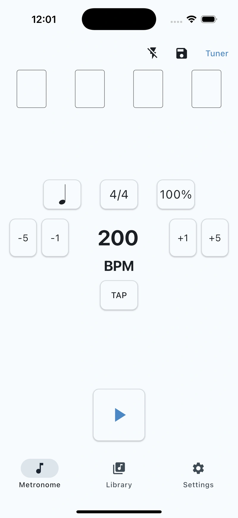 Accento Metronome App main screen showing BPM control and visual feedback
